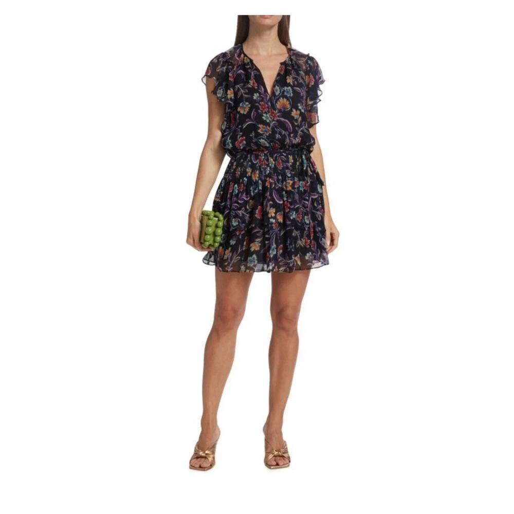 Ramy Brook Averill Ruffled Floral Mini Dress V neck Keyhole Navy Blue M
